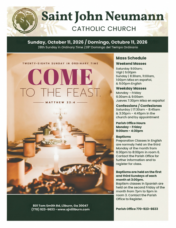 October 11, 2026 "Twenty-Eight Sunday In Ordinary Time"