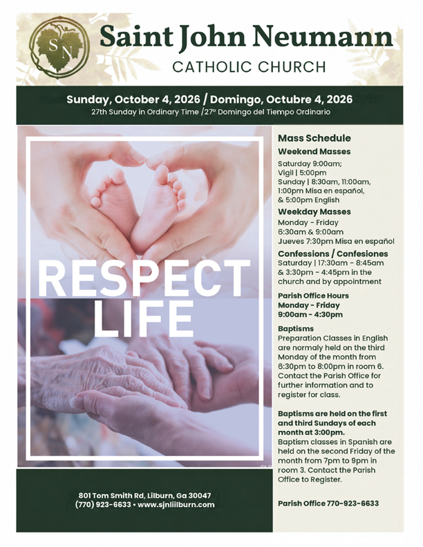 October 4, 2026 "27th Sunday In Ordinary Time"